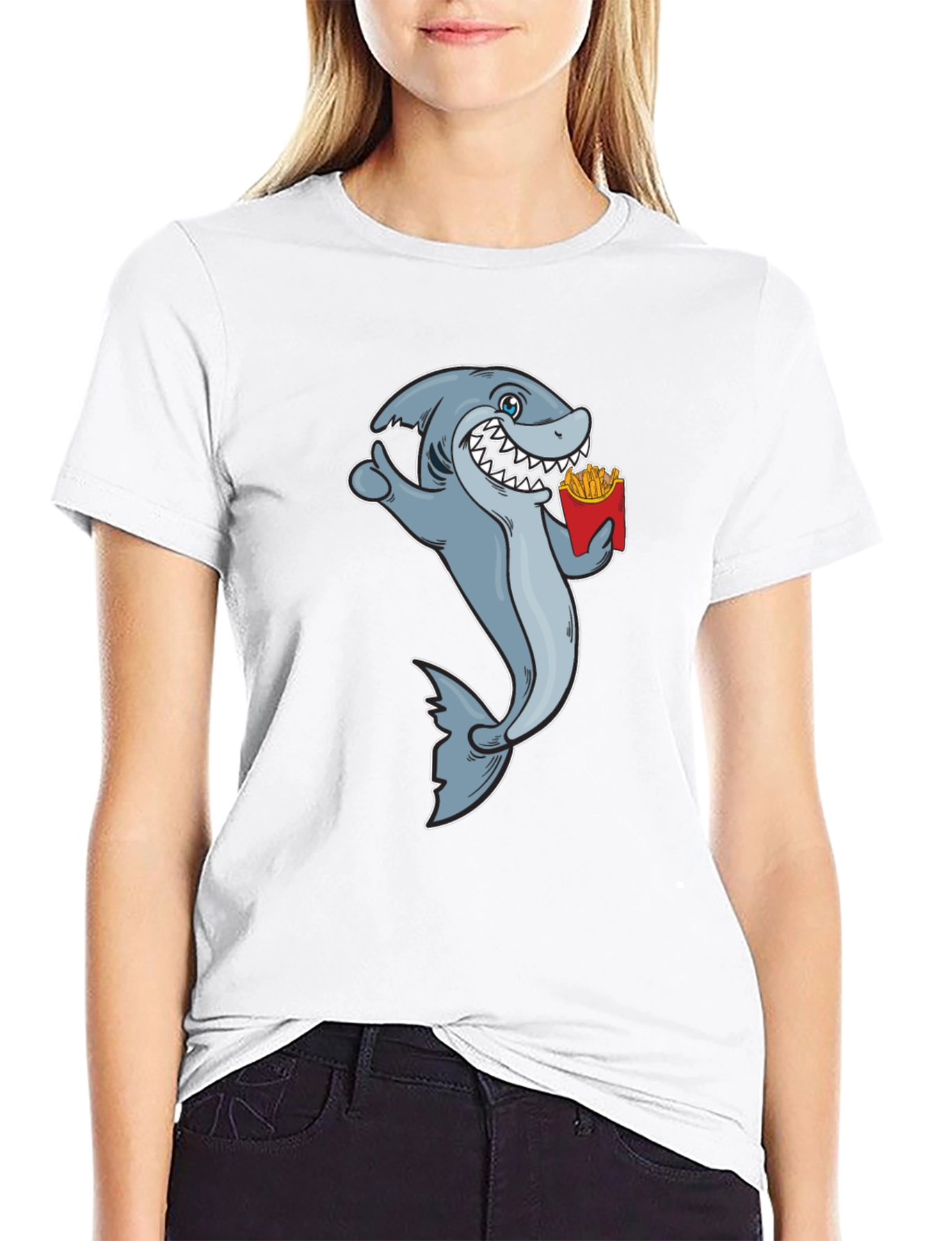 Shark Eating Fries Graphic Tee - Black Cotton T-Shirt
