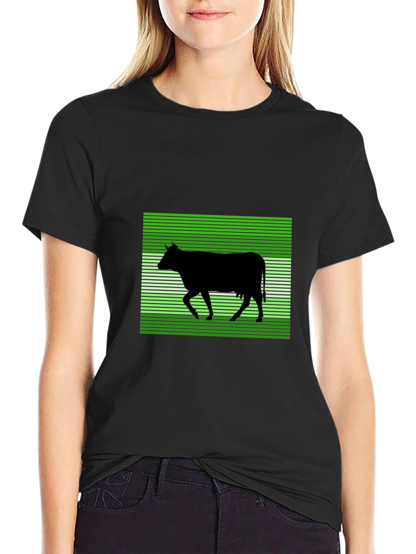 Cow Silhouette T-Shirt: Green Stripe Pattern