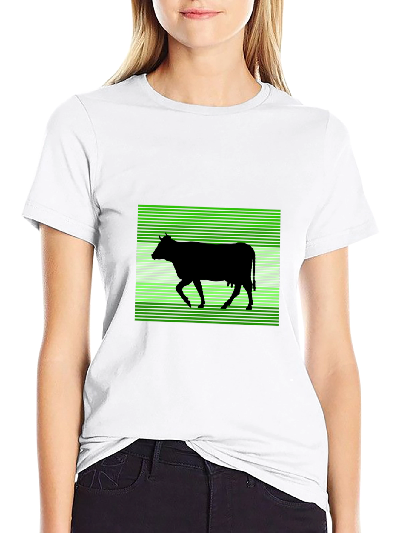 Cow Silhouette T-Shirt: Green Stripe Pattern
