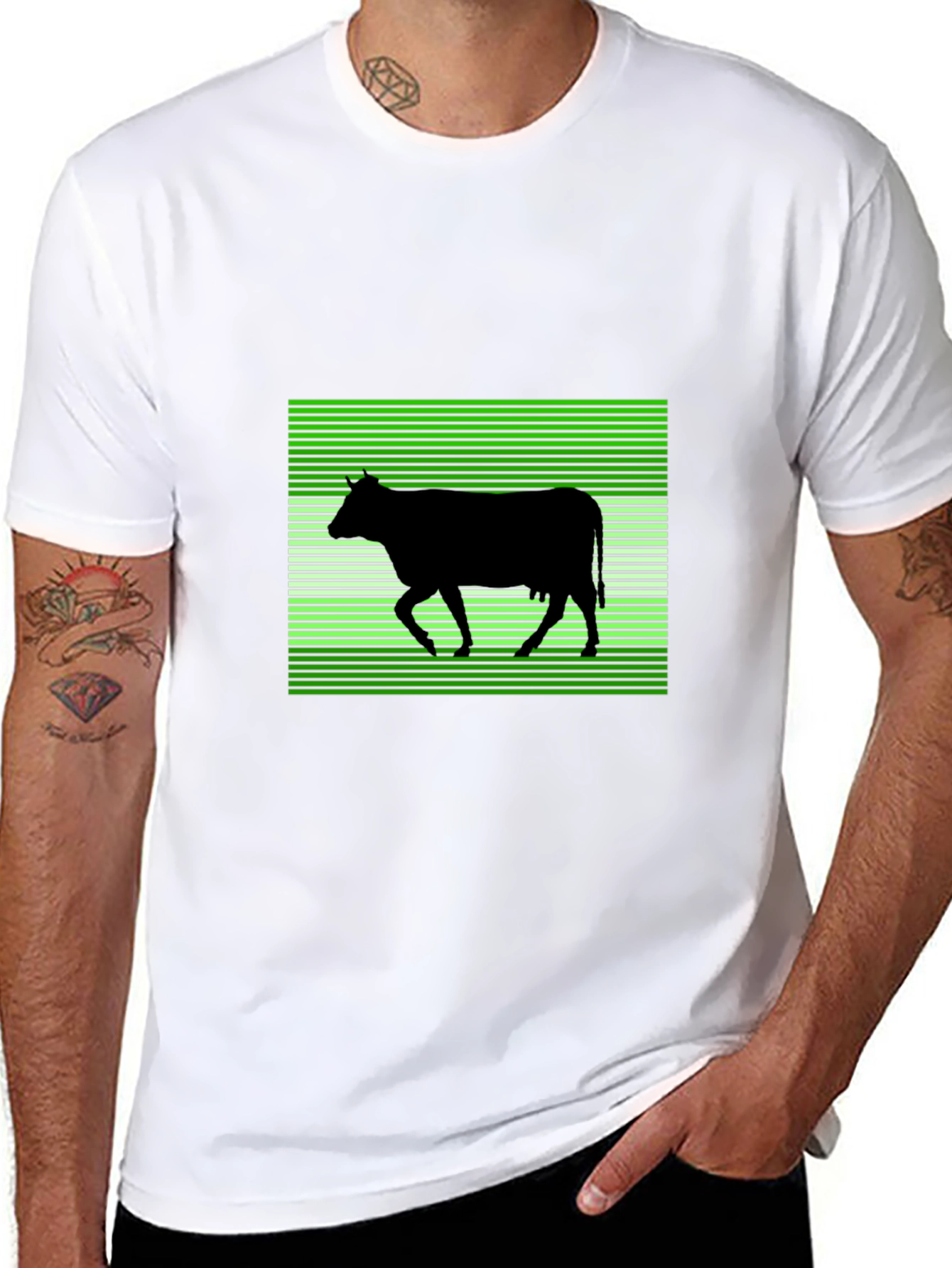 Cow Silhouette T-Shirt: Green Stripe Pattern