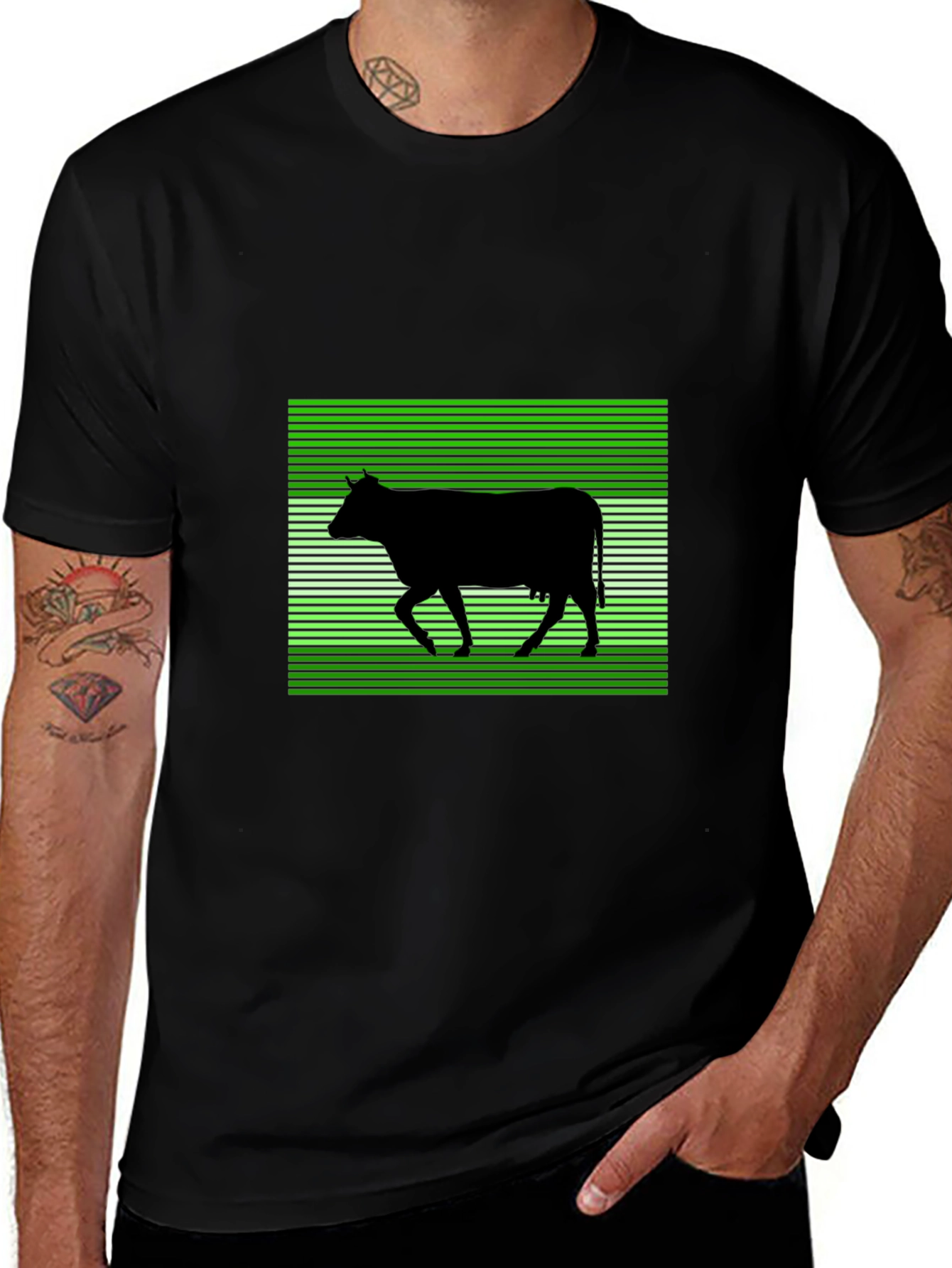 Cow Silhouette T-Shirt: Green Stripe Pattern