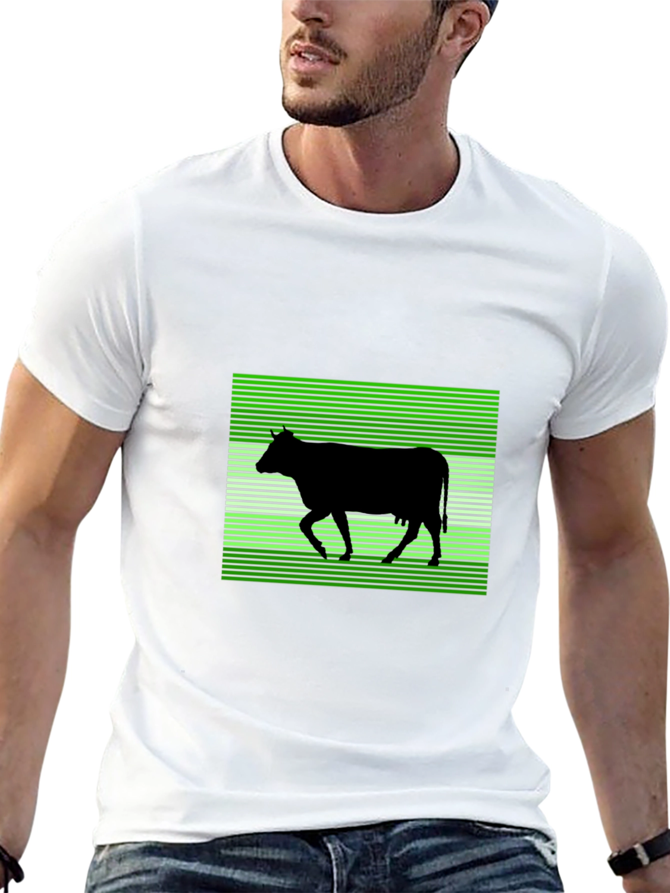 Cow Silhouette T-Shirt: Green Stripe Pattern