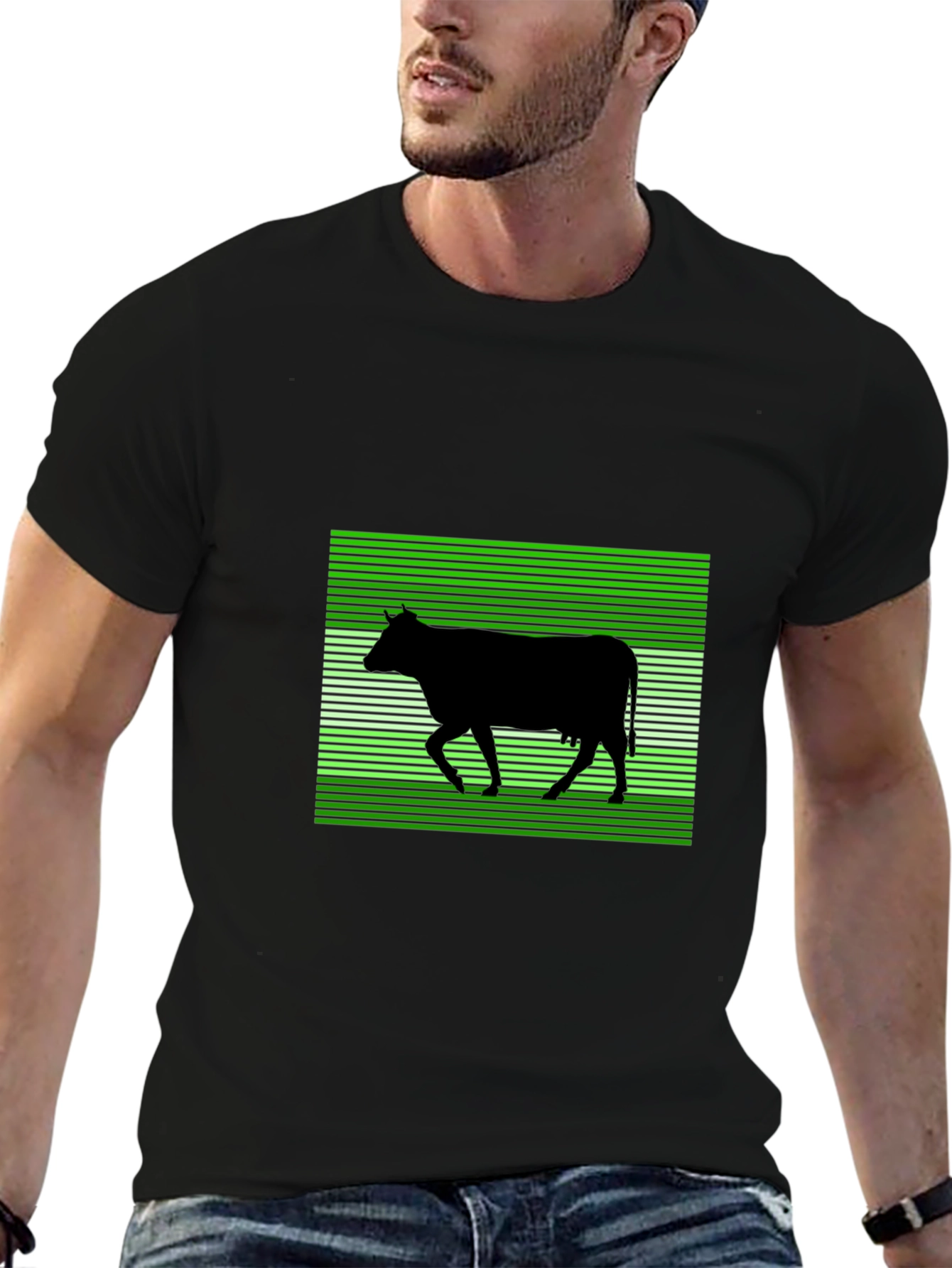 Cow Silhouette T-Shirt: Green Stripe Pattern