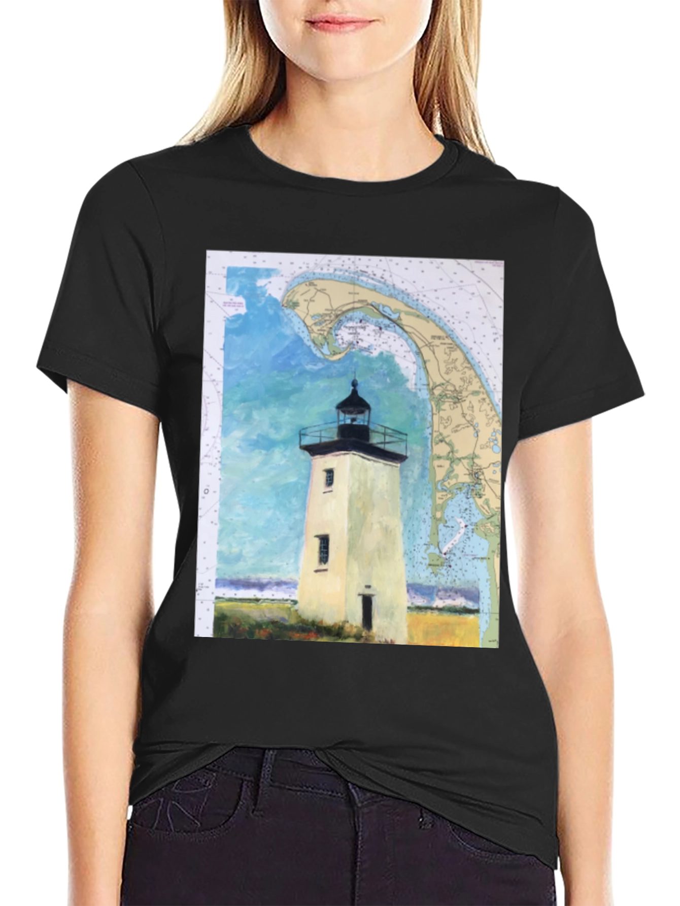 Coastal Lighthouse Map Graphic Tee - Nautical Style