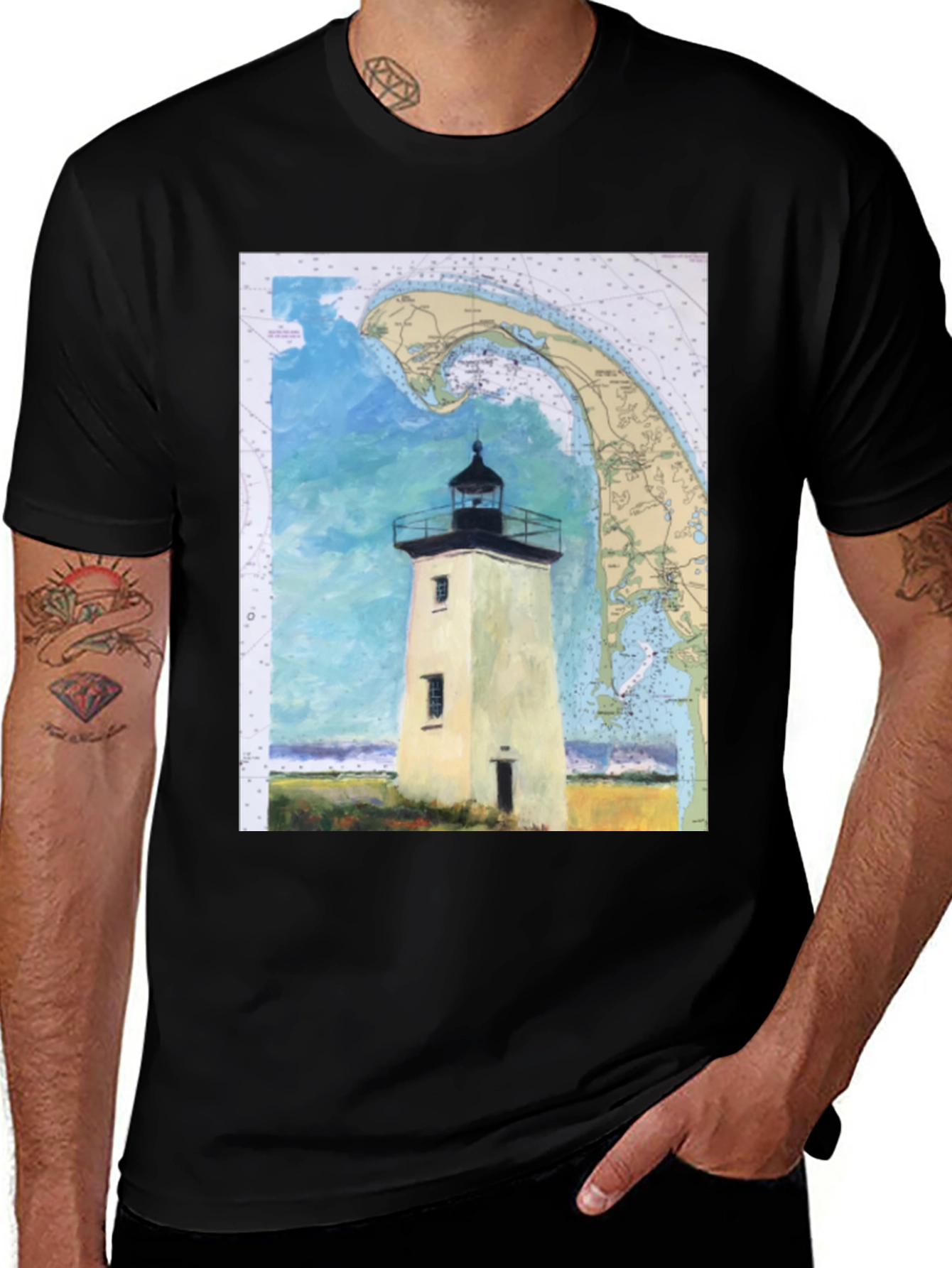 Coastal Lighthouse Map Graphic Tee - Nautical Style