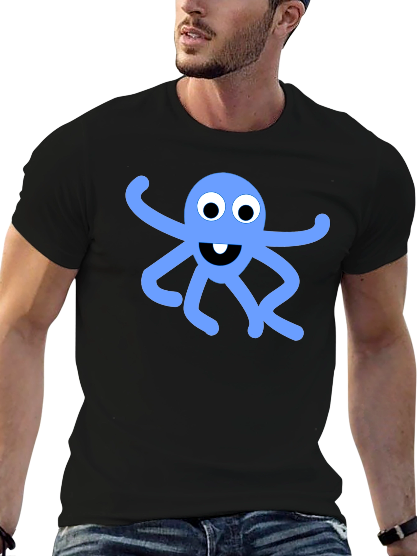 Black T-Shirt with Blue Octopus Graphic