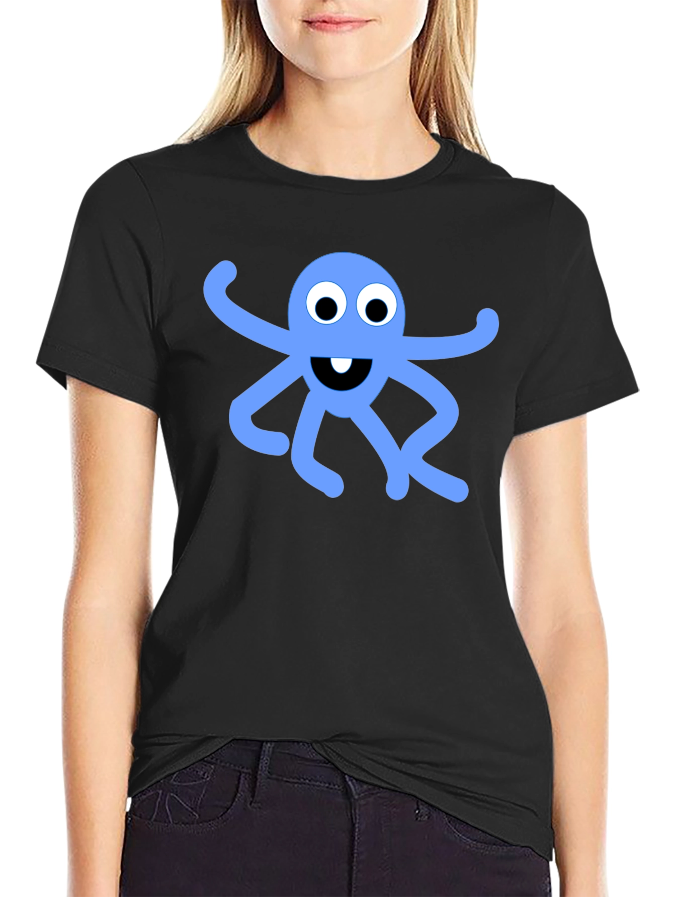 Black T-Shirt with Blue Octopus Graphic
