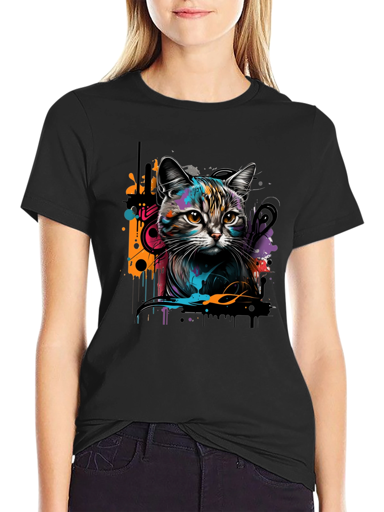Cool Cat Graphic Print Black T-Shirt