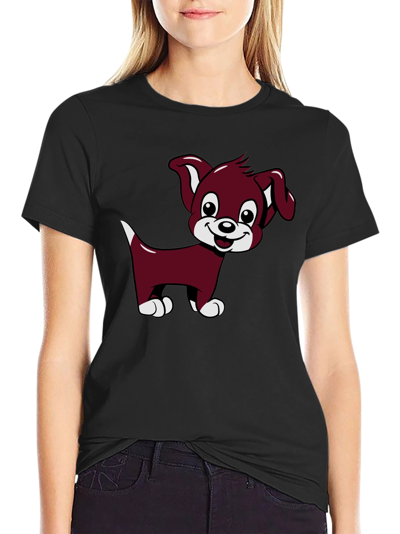 Cute Puppy Cartoon Black T-Shirt