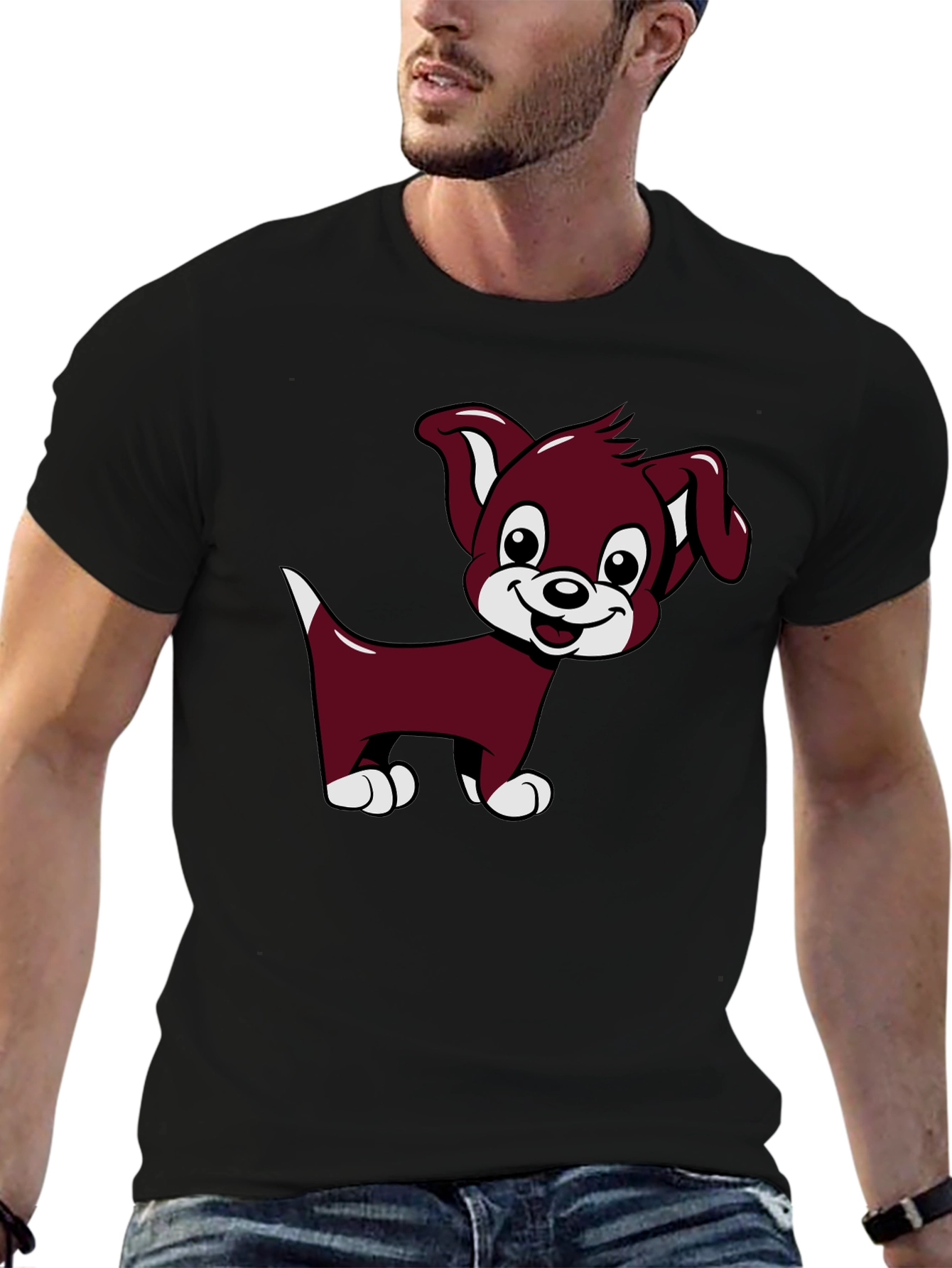 Cute Puppy Cartoon Black T-Shirt
