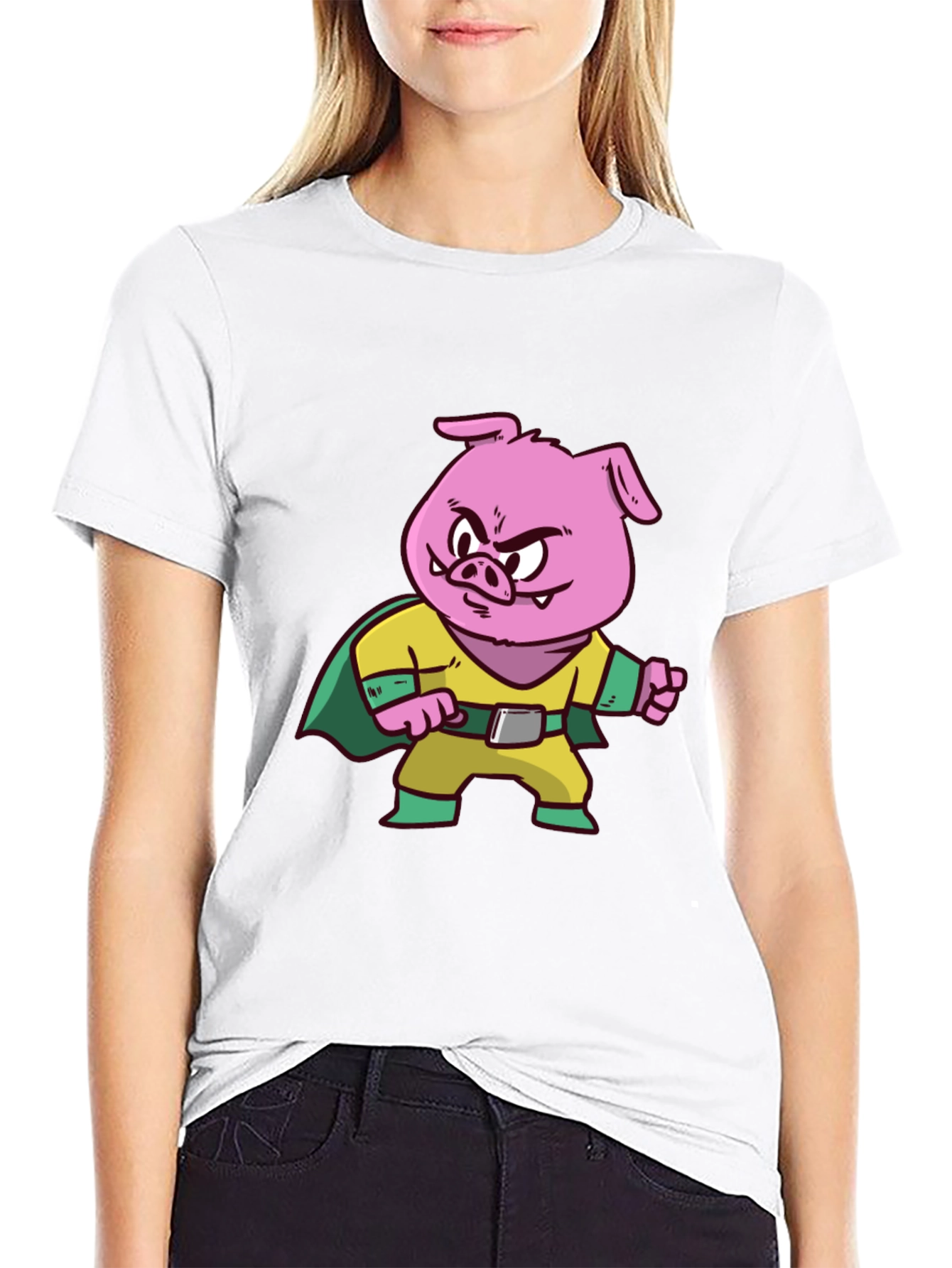 Pig Superhero Graphic Tee - Black Cotton Blend