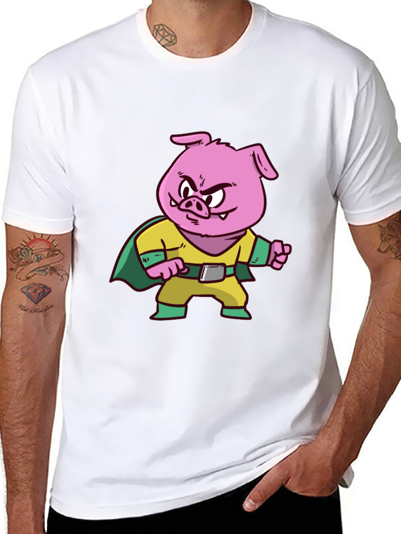 Pig Superhero Graphic Tee - Black Cotton Blend