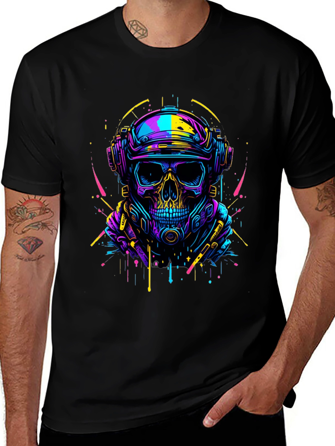 Cyberpunk Skull Graphic Tee - Neon Drip Design
