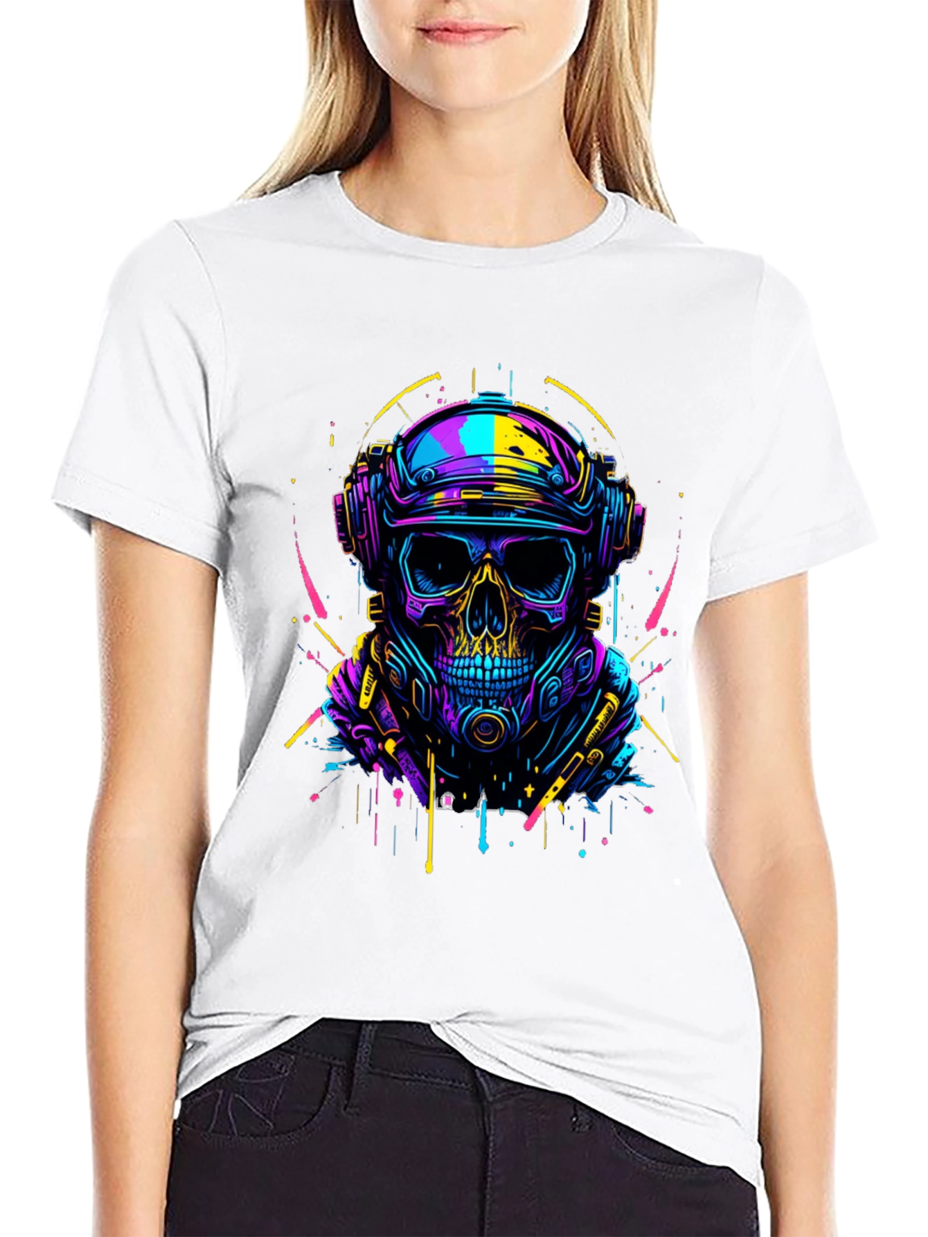Cyberpunk Skull Graphic Tee - Neon Drip Design
