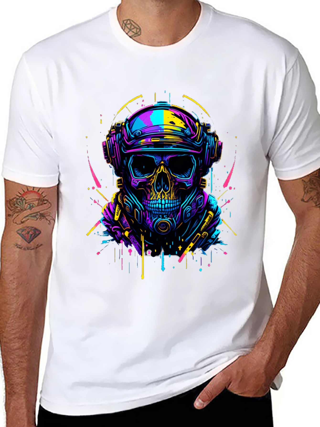 Cyberpunk Skull Graphic Tee - Neon Drip Design