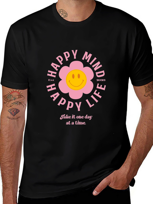 Happy Mind Happy Life Black T-Shirt with Floral Design