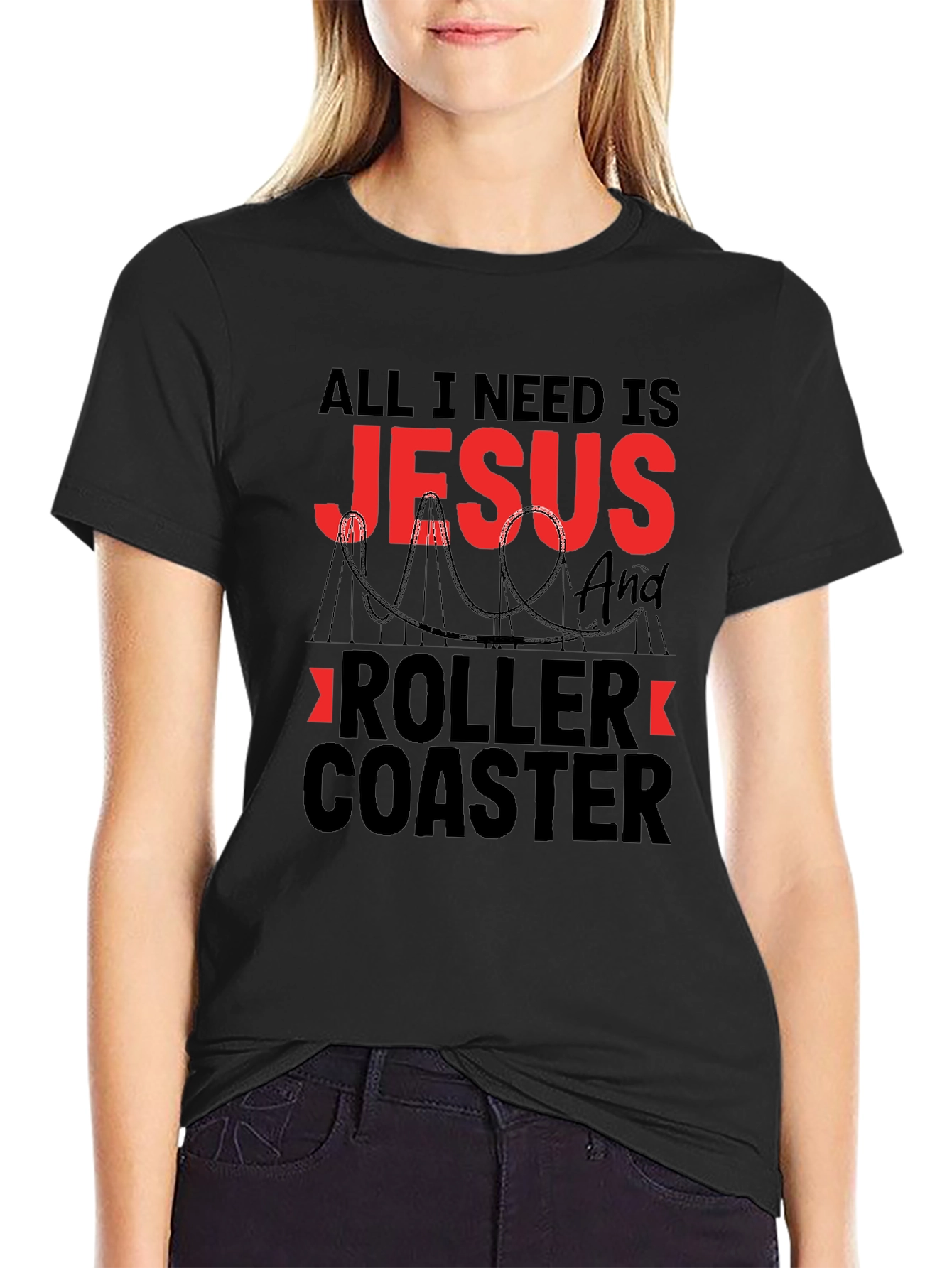 Jesus & Roller Coaster Black Graphic T-Shirt