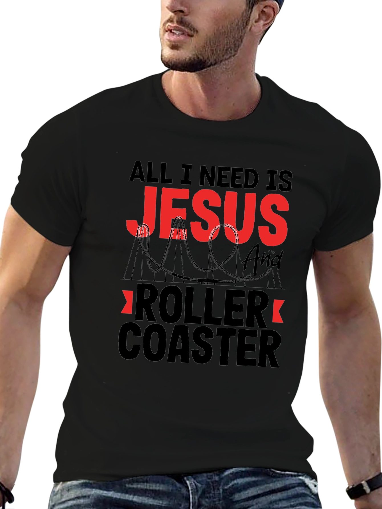 Jesus & Roller Coaster Black Graphic T-Shirt