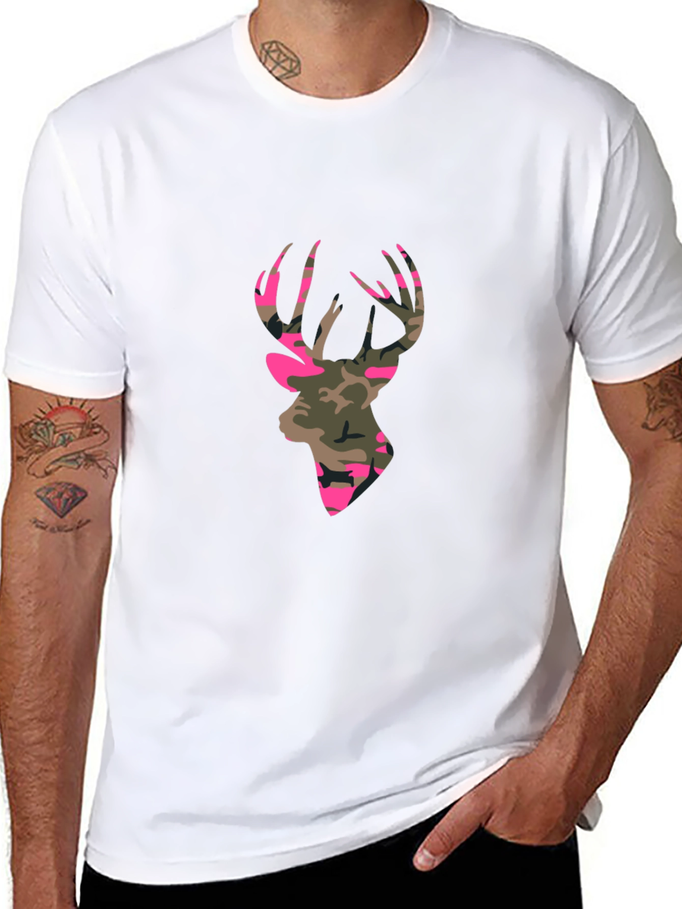Mens Black T-Shirt - Camo Deer Silhouette Graphic Tee