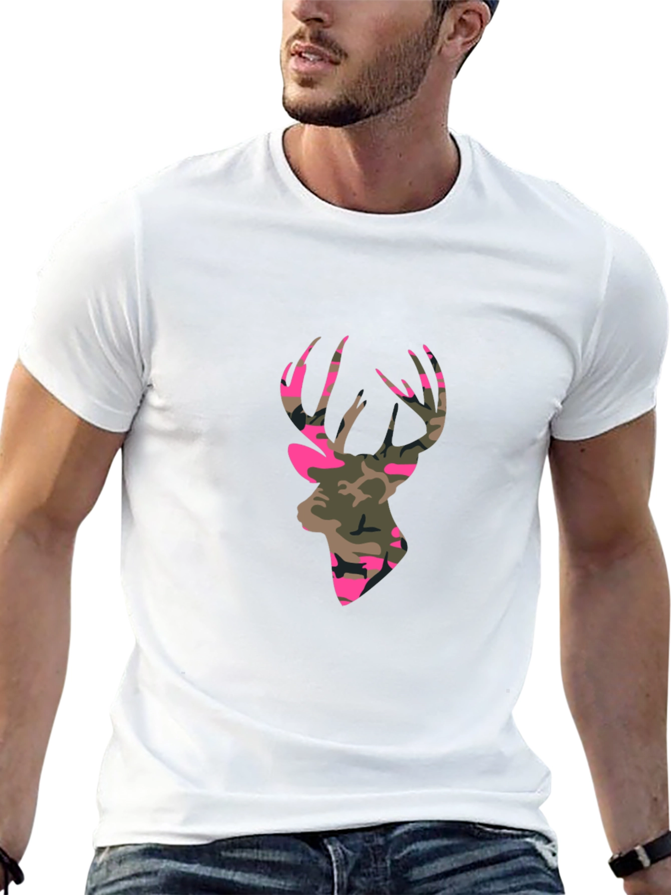 Mens Black T-Shirt - Camo Deer Silhouette Graphic Tee