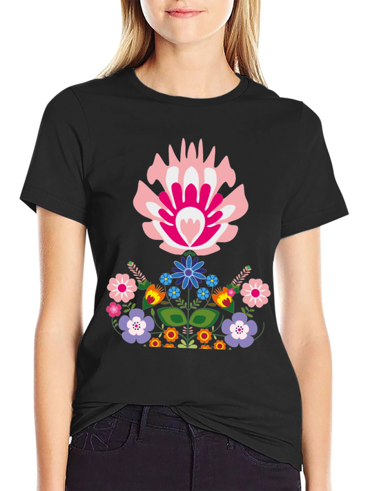 Floral Folk Art Graphic Tee - Black