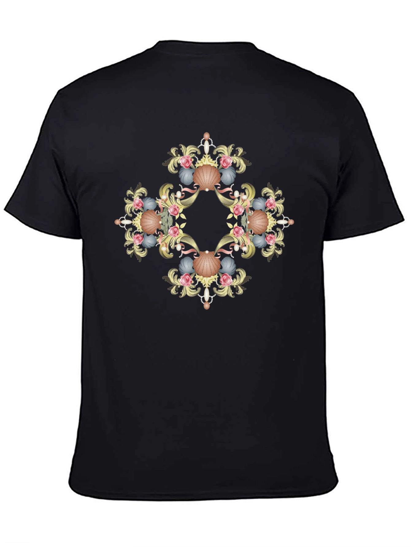 Ornate Seashell Graphic Tee - Black Cotton Shirt