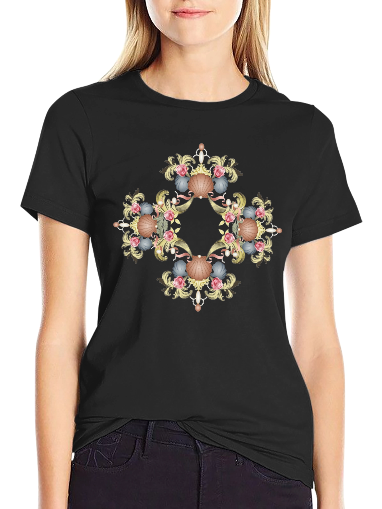 Ornate Seashell Graphic Tee - Black Cotton Shirt