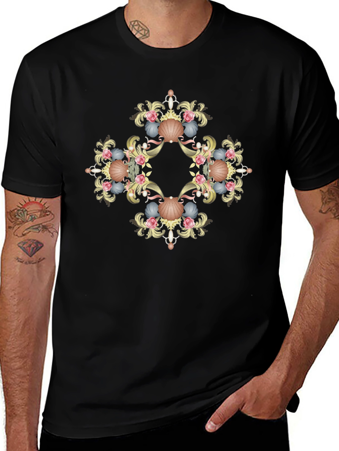 Ornate Seashell Graphic Tee - Black Cotton Shirt