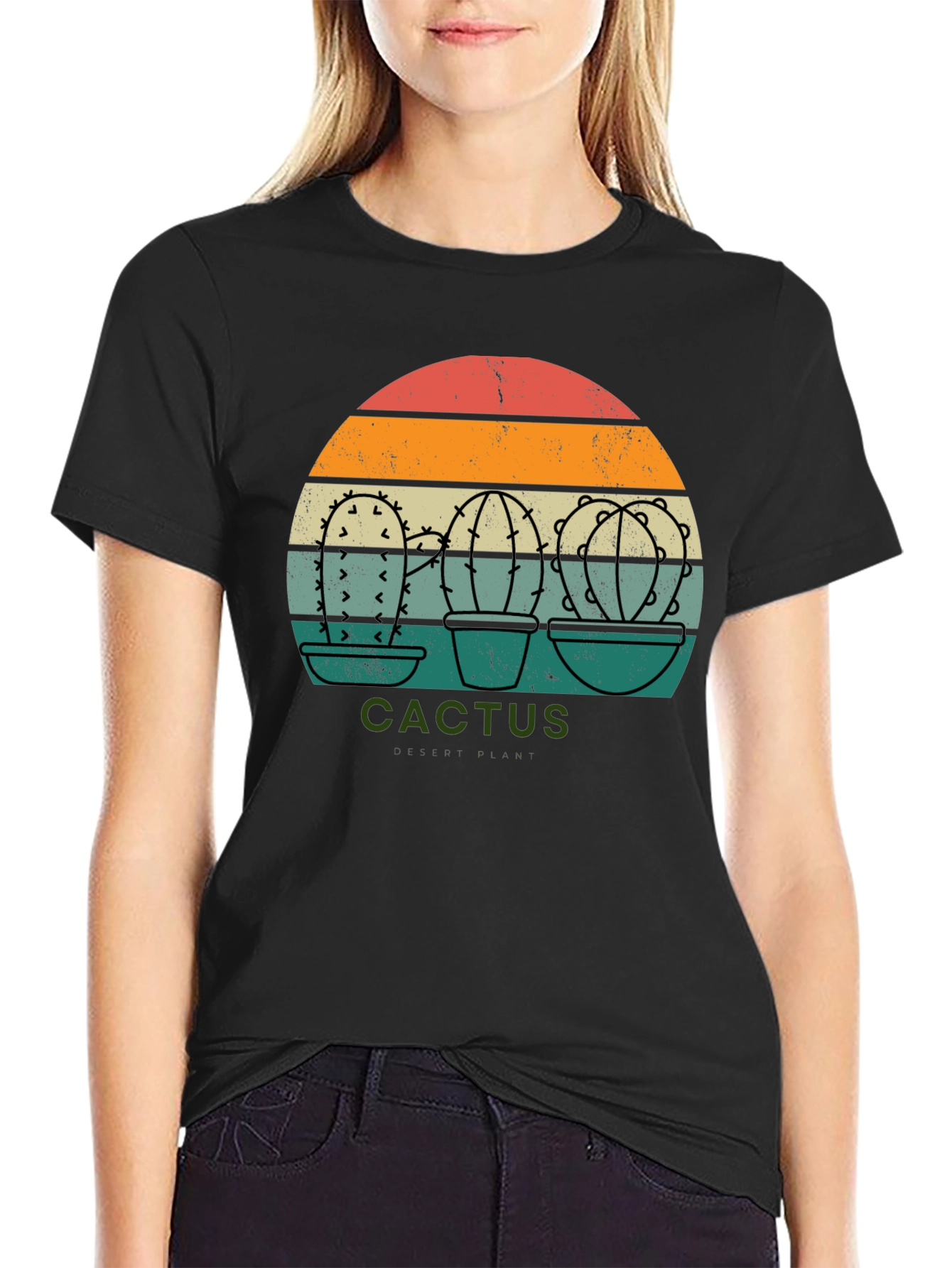Retro Cactus Sunset Graphic Tee - Black