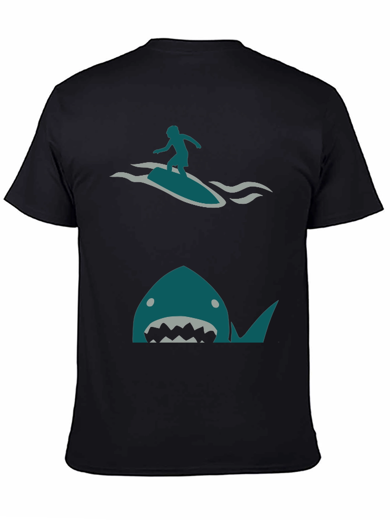 Shark Attack Surfer Graphic Tee - Black Cotton T-Shirt