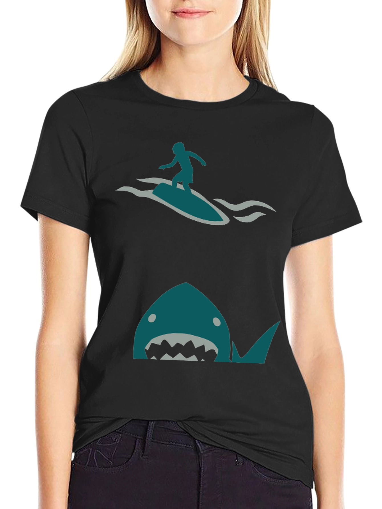 Shark Attack Surfer Graphic Tee - Black Cotton T-Shirt