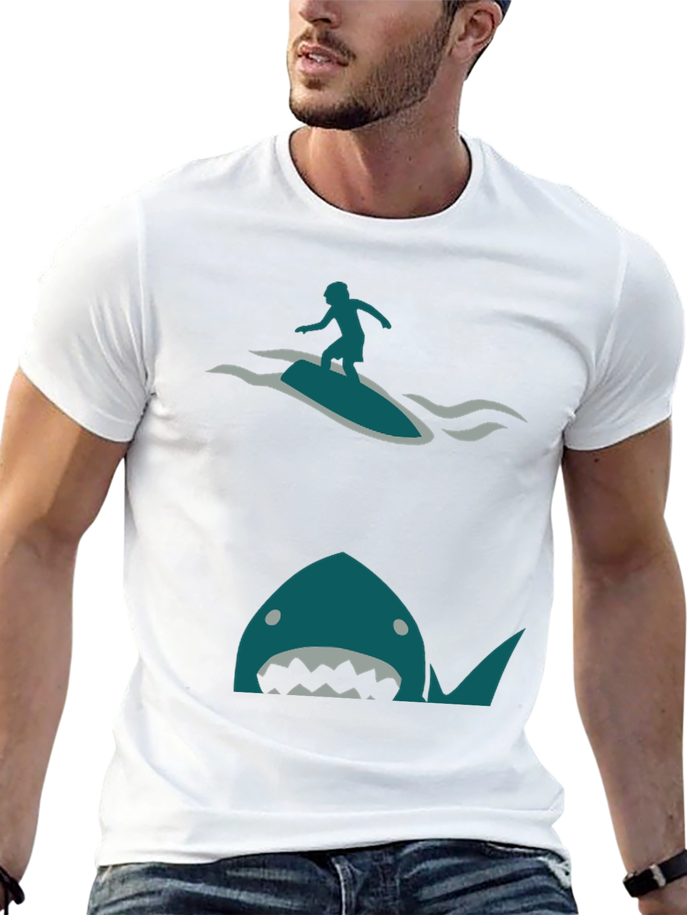 Shark Attack Surfer Graphic Tee - Black Cotton T-Shirt