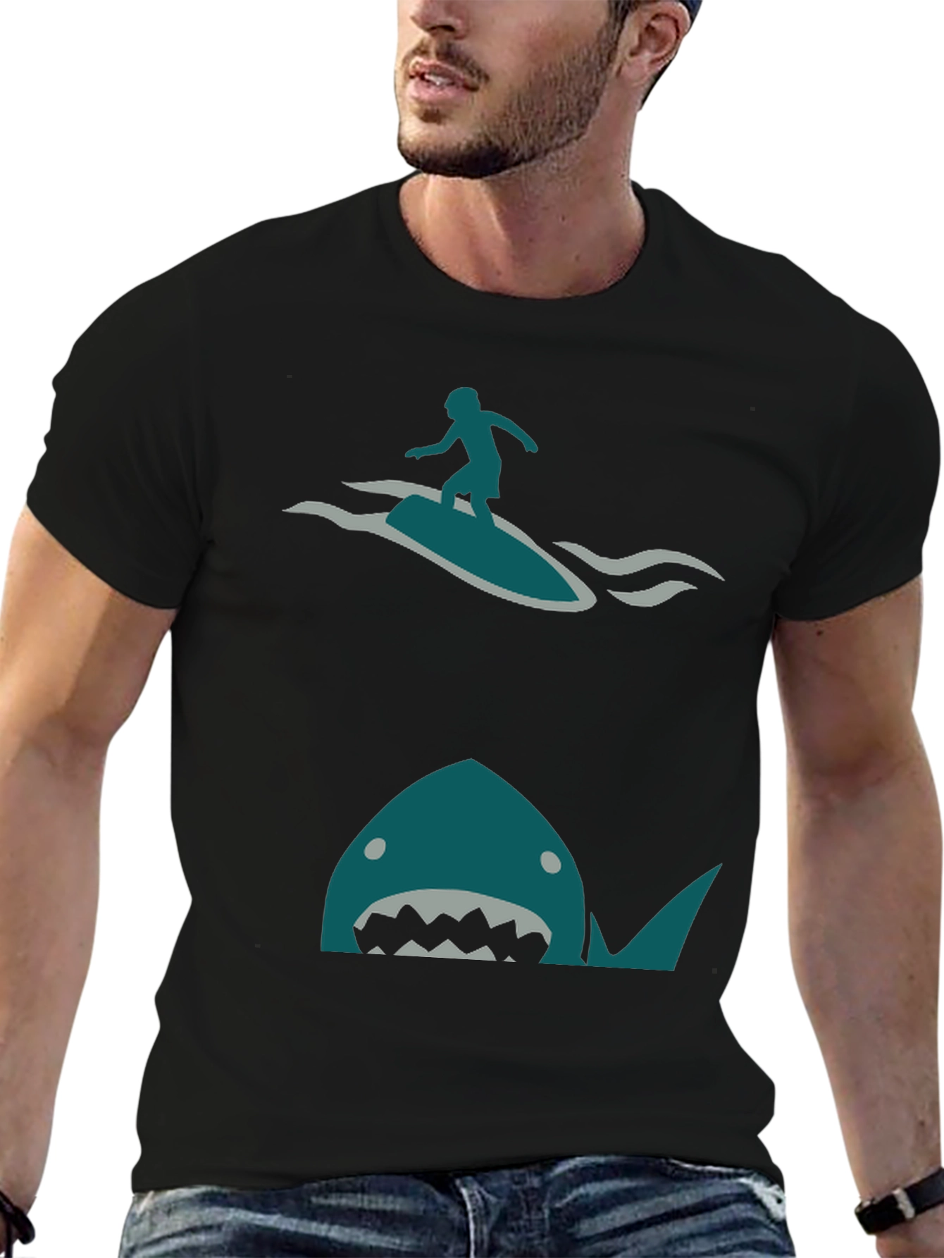 Shark Attack Surfer Graphic Tee - Black Cotton T-Shirt