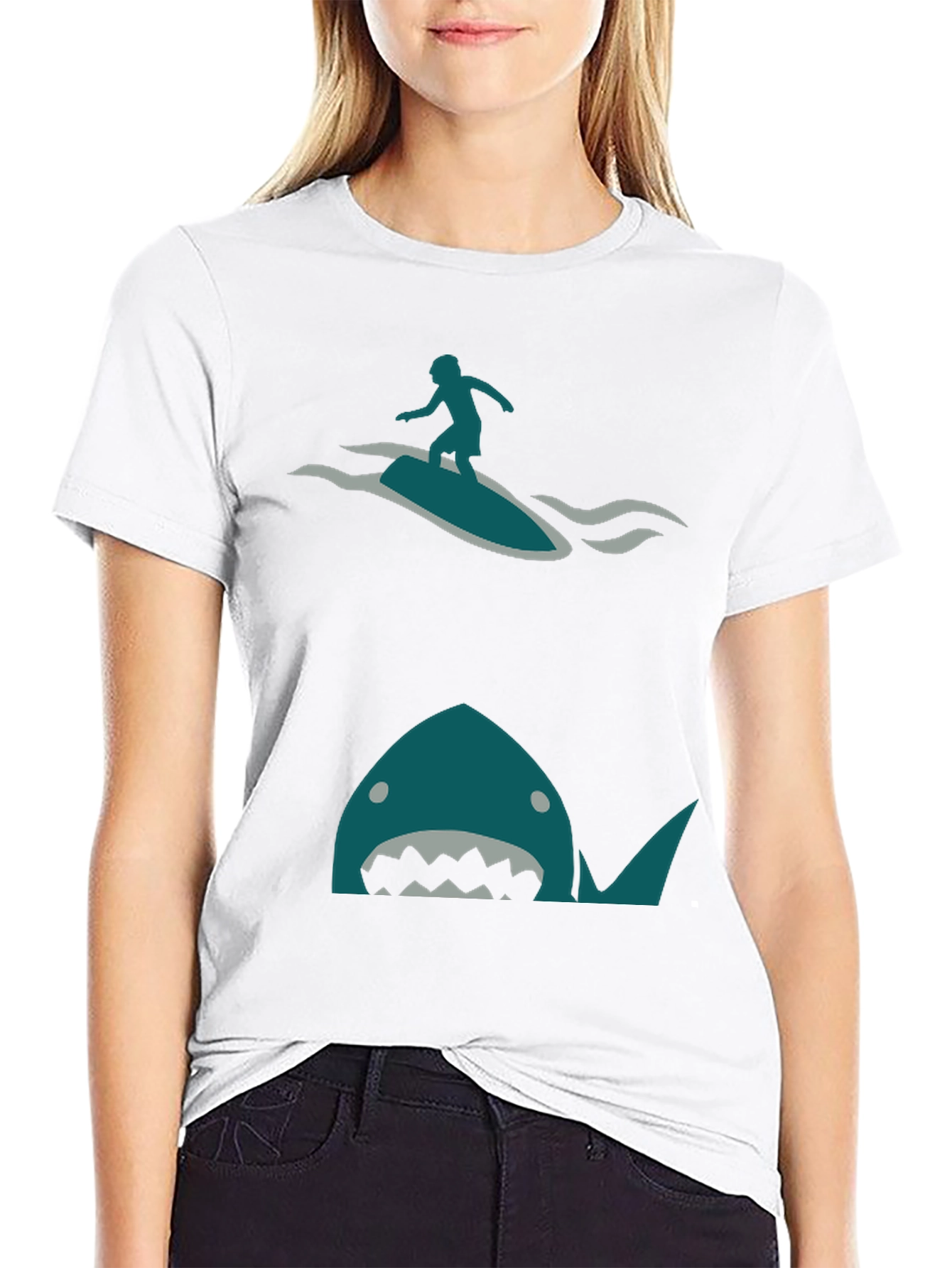 Shark Attack Surfer Graphic Tee - Black Cotton T-Shirt