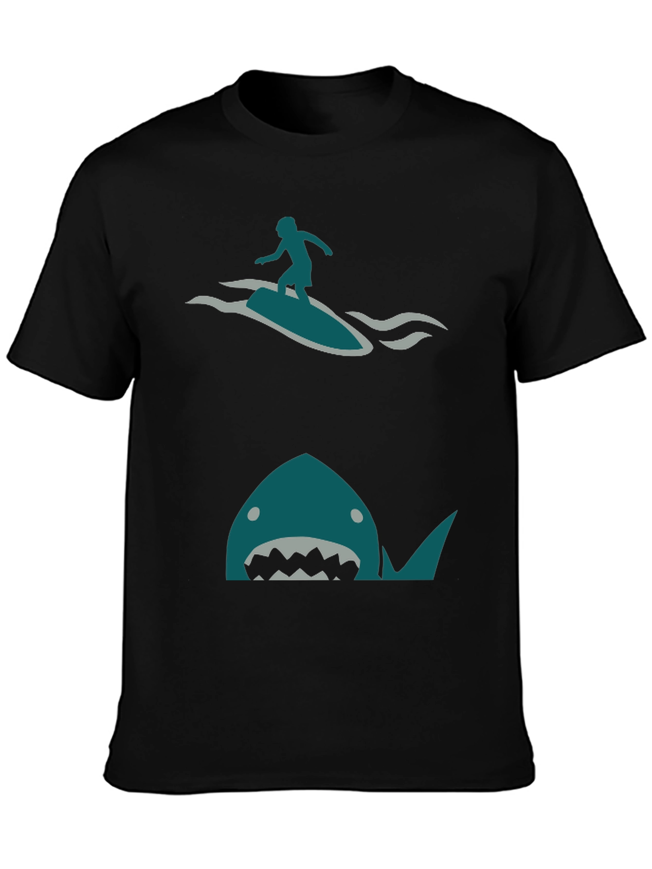 Shark Attack Surfer Graphic Tee - Black Cotton T-Shirt