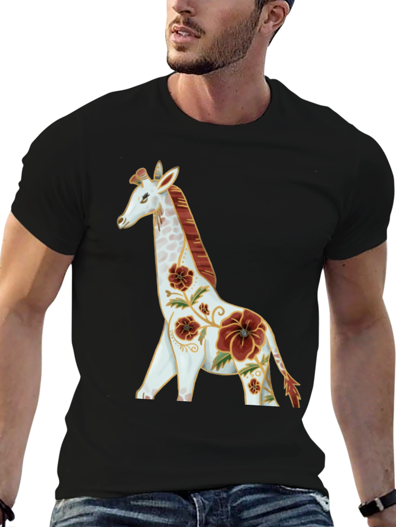 Floral Giraffe Graphic Tee - Black