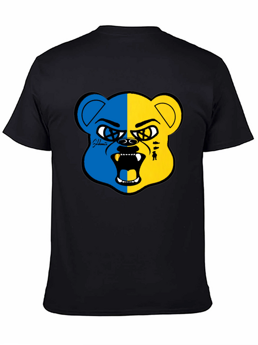 Blue and Yellow Bear Graphic Black T-Shirt
