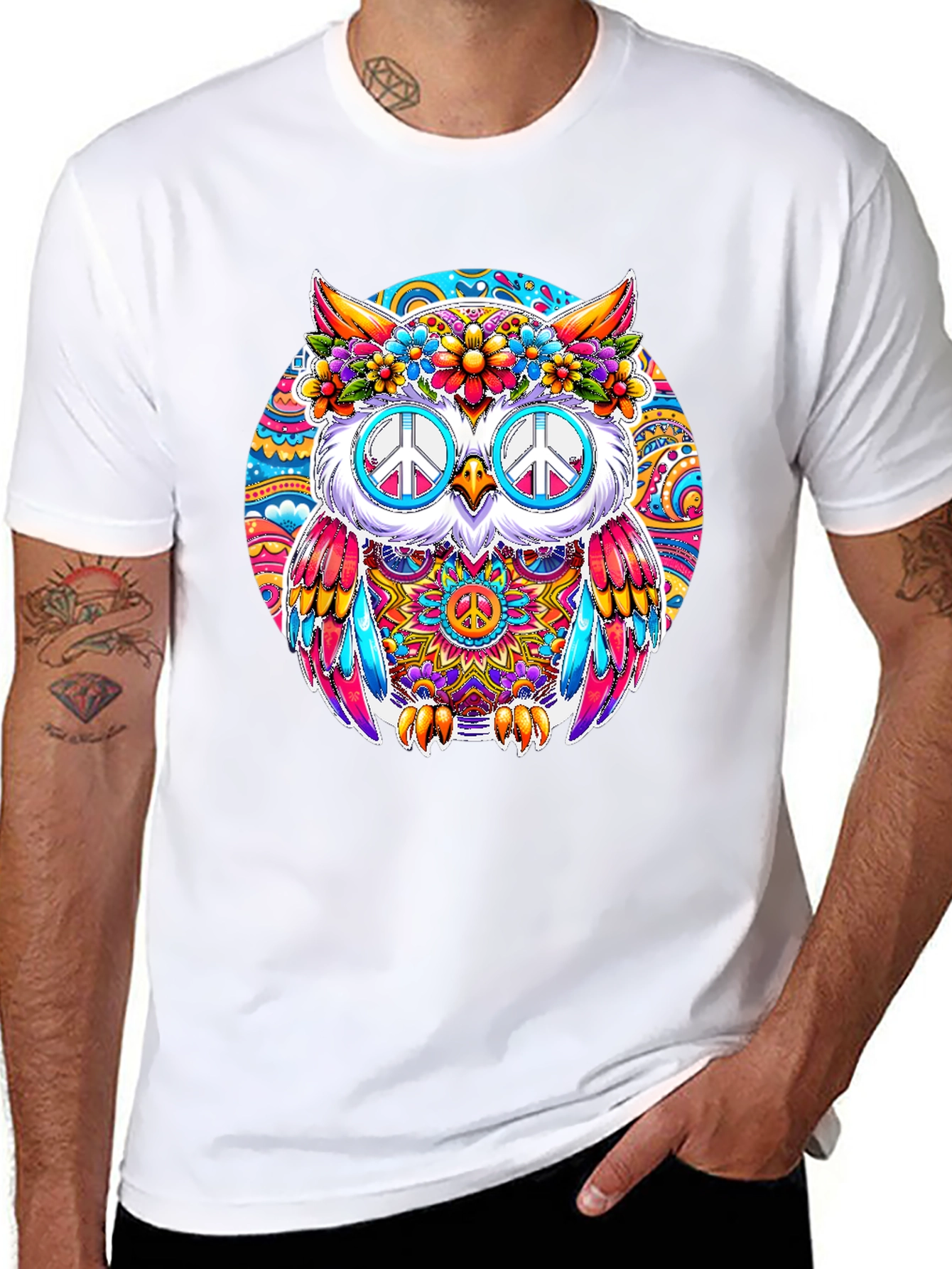 Hippie Owl Graphic Tee - Peace Sign Sunglasses
