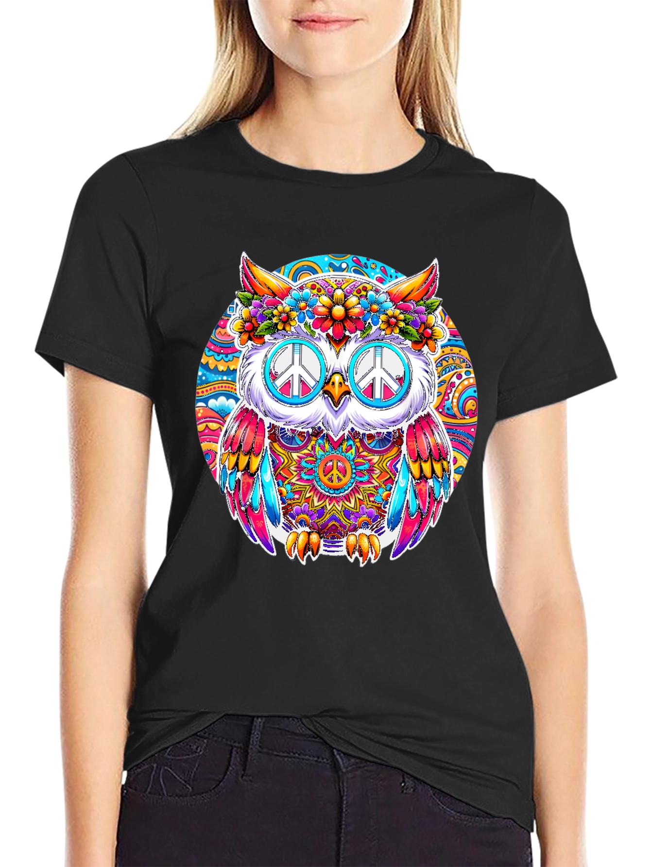 Hippie Owl Graphic Tee - Peace Sign Sunglasses