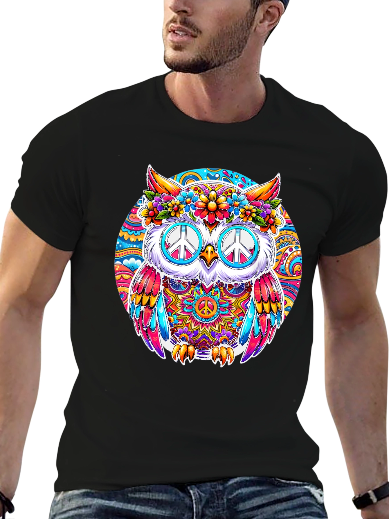 Hippie Owl Graphic Tee - Peace Sign Sunglasses
