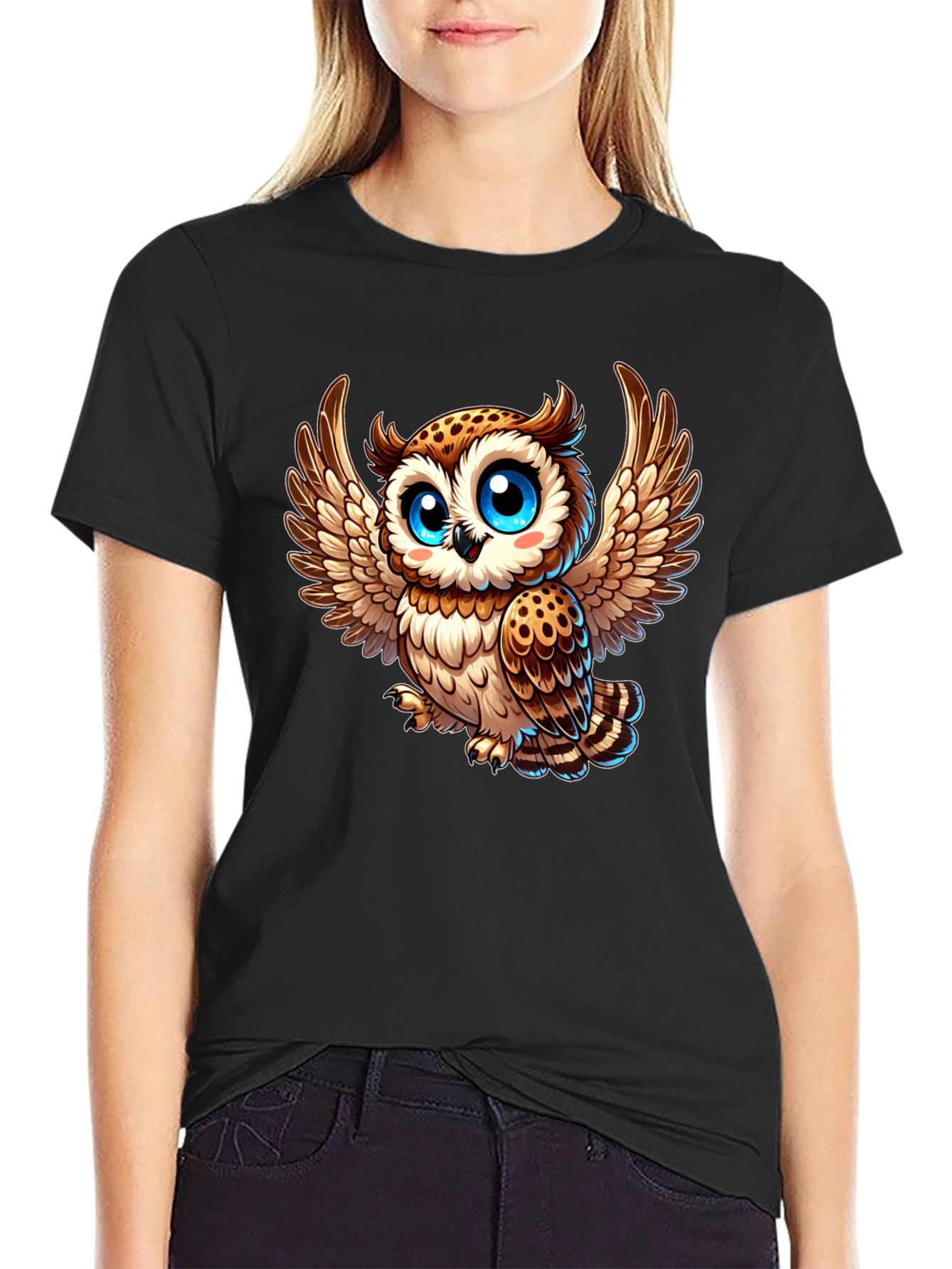 Cute Cartoon Owl Graphic Tee - Black Casual Shirt