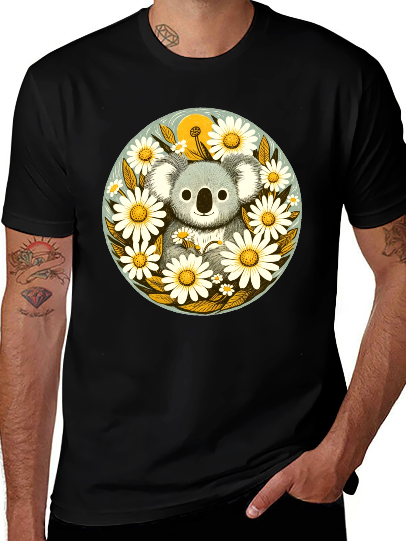 Koala & Daisy Graphic Tee - Black Cotton T-Shirt