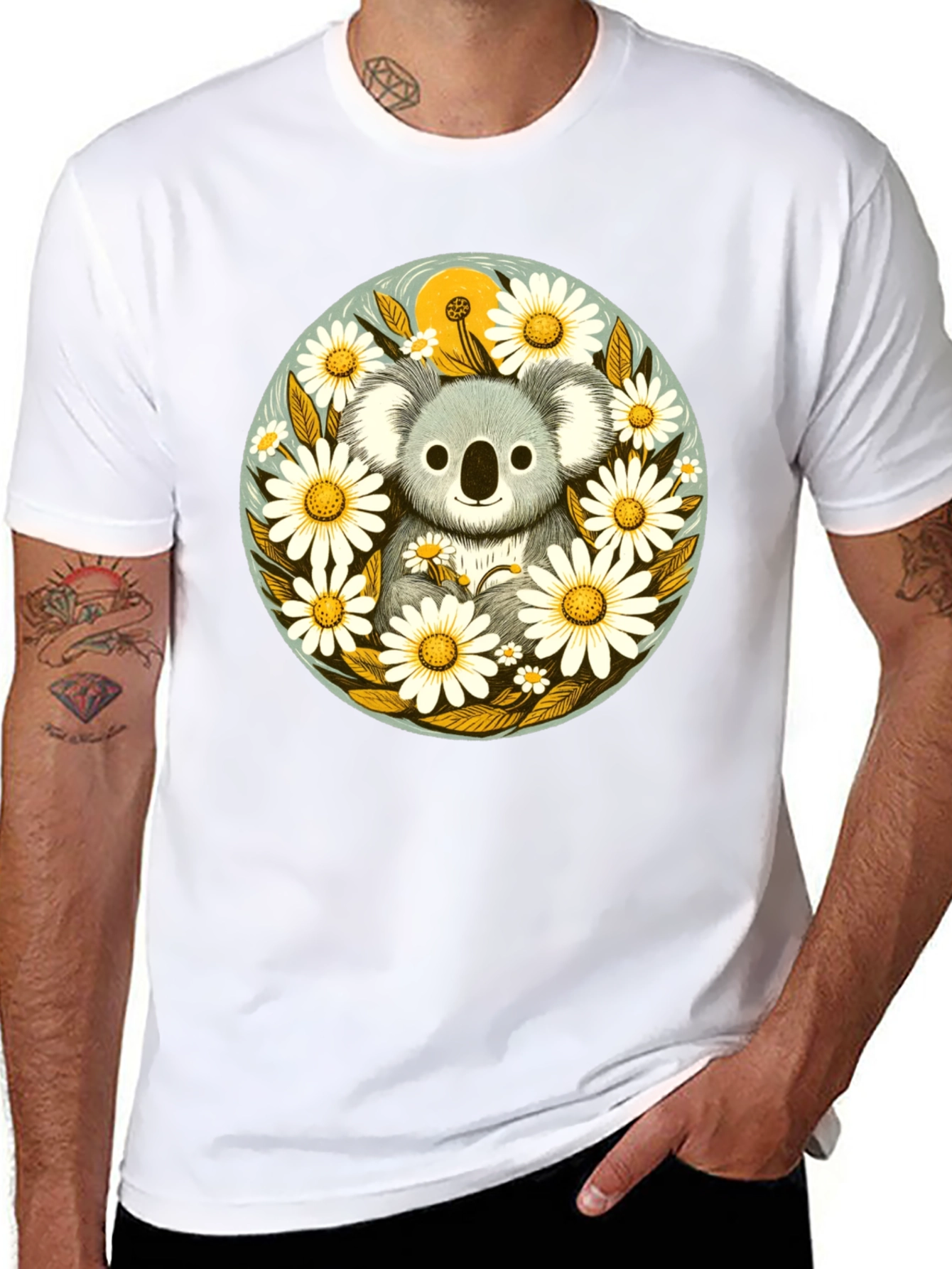 Koala & Daisy Graphic Tee - Black Cotton T-Shirt