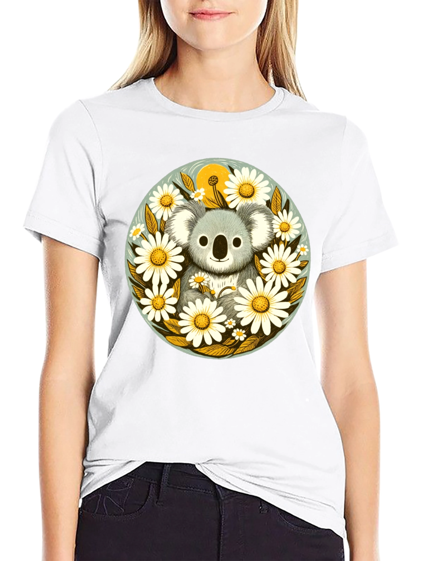 Koala & Daisy Graphic Tee - Black Cotton T-Shirt