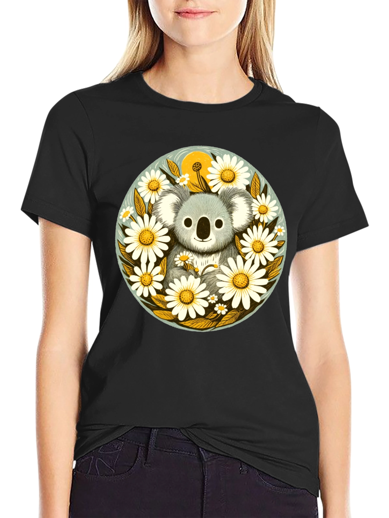 Koala & Daisy Graphic Tee - Black Cotton T-Shirt