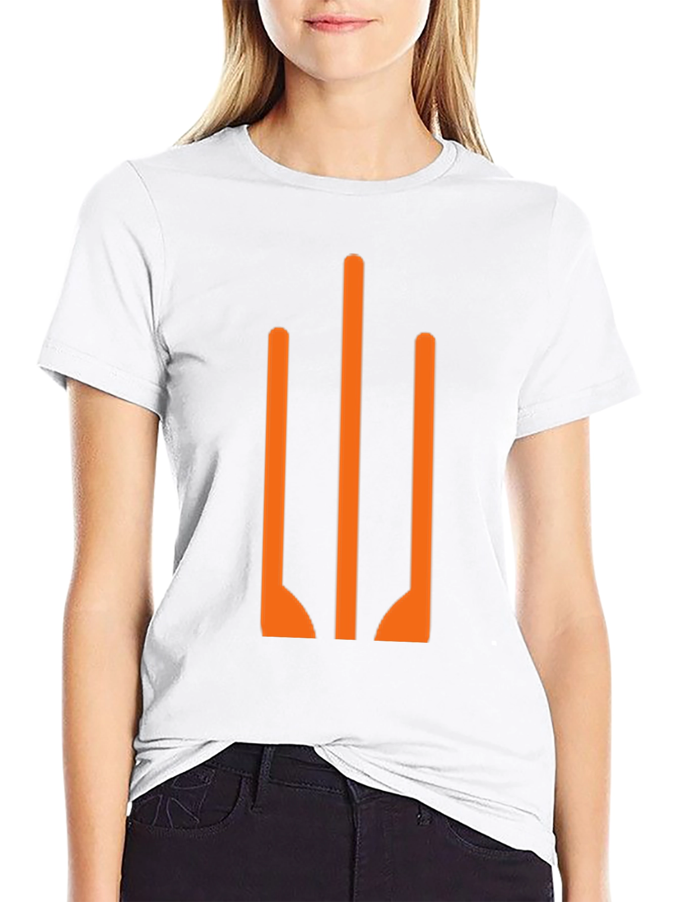Modern Black T-Shirt with Abstract Orange Trident Design