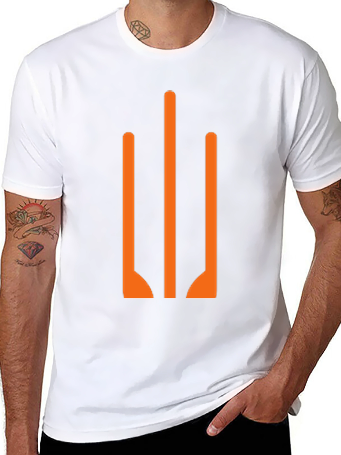 Modern Black T-Shirt with Abstract Orange Trident Design