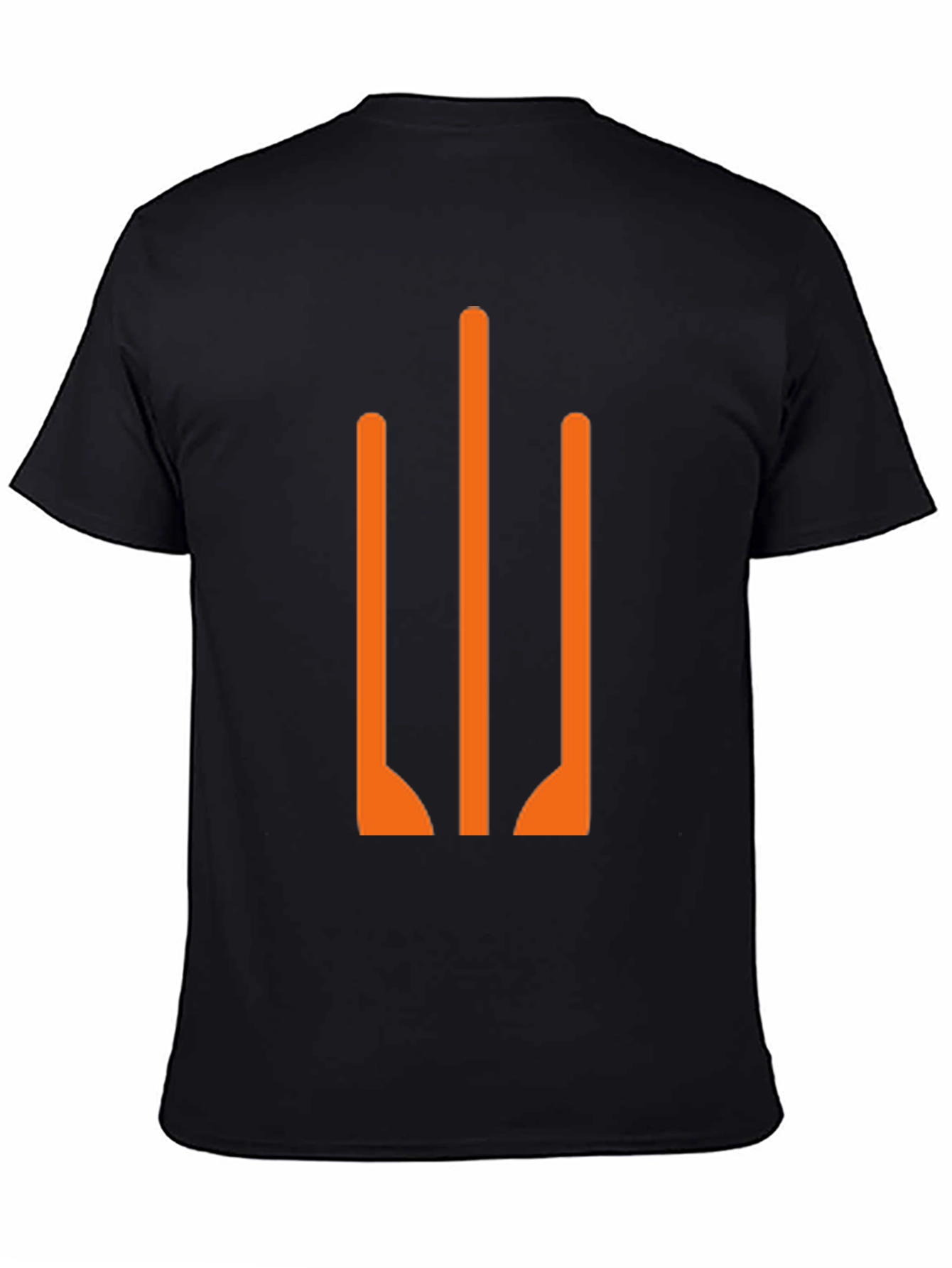 Modern Black T-Shirt with Abstract Orange Trident Design