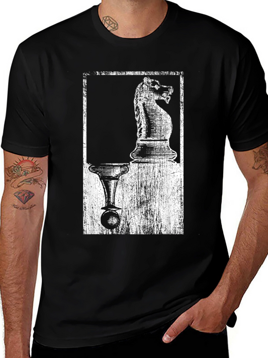 Chess Knight & Pawn Graphic Tee - Black Cotton Blend