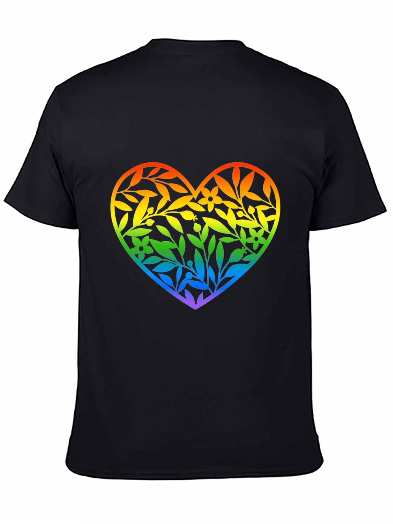 Rainbow Floral Heart Graphic Black T-Shirt